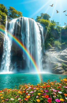 A majestic waterfall cascading down a rocky cliff into a crystal clear pool surrounded by lush green foliage