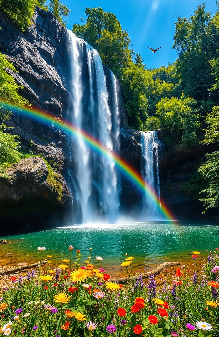 A majestic waterfall cascading down a rocky cliff into a crystal clear pool surrounded by lush green foliage
