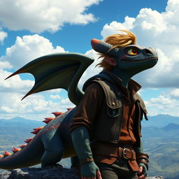 A Stormcutter dragon in a How to Train Your Dragon art style, standing majestically beside a ruggedly handsome man with wind-swept hair, both gazing out into a bright blue sky filled with fluffy white clouds