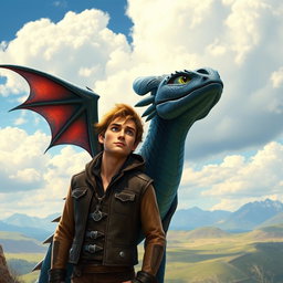 A Stormcutter dragon in a How to Train Your Dragon art style, standing majestically beside a ruggedly handsome man with wind-swept hair, both gazing out into a bright blue sky filled with fluffy white clouds