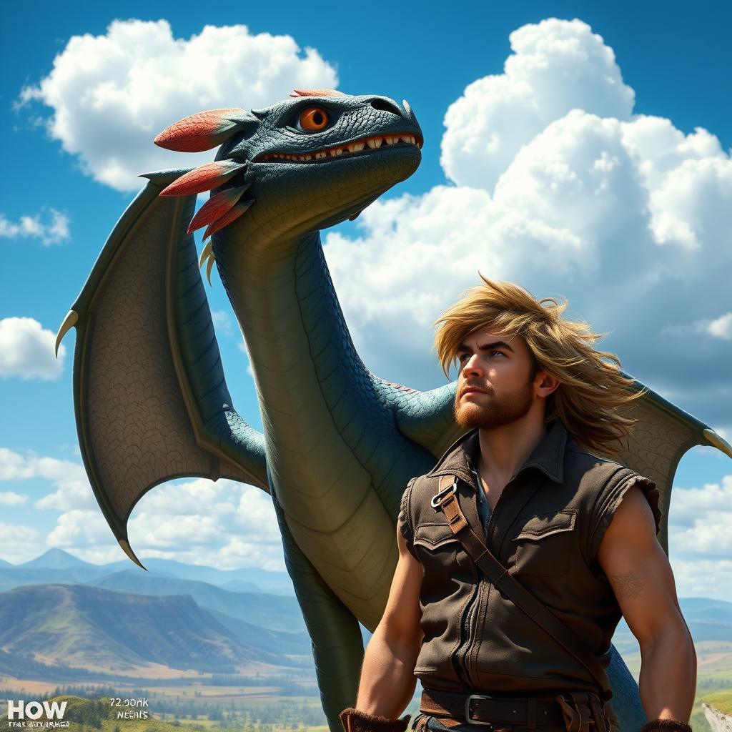 A Stormcutter dragon in a How to Train Your Dragon art style, standing majestically beside a ruggedly handsome man with wind-swept hair, both gazing out into a bright blue sky filled with fluffy white clouds