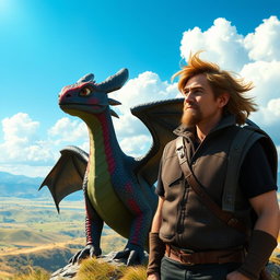 A Stormcutter dragon in a How to Train Your Dragon art style, standing majestically beside a ruggedly handsome man with wind-swept hair, both gazing out into a bright blue sky filled with fluffy white clouds
