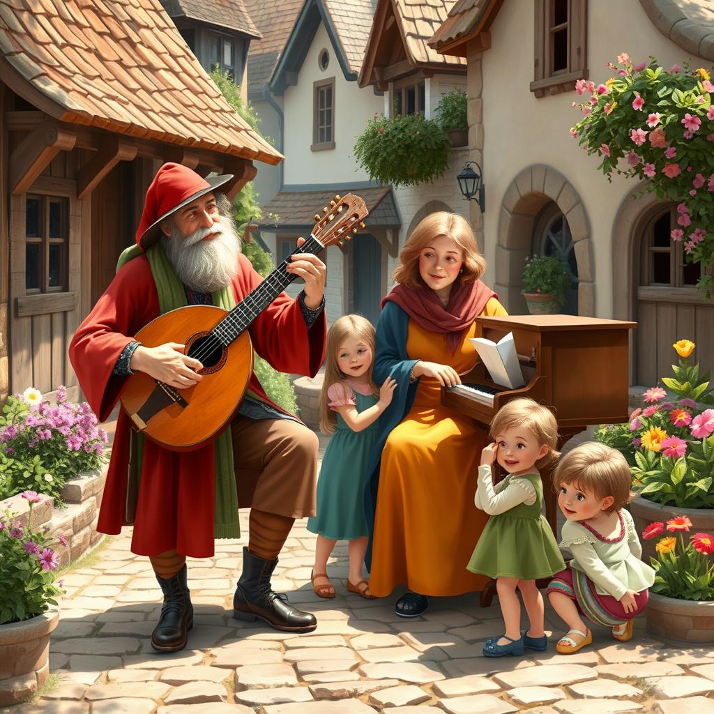 Two bards in a charming rustic village, one playing a beautifully crafted lute and the other a small, quaint piano