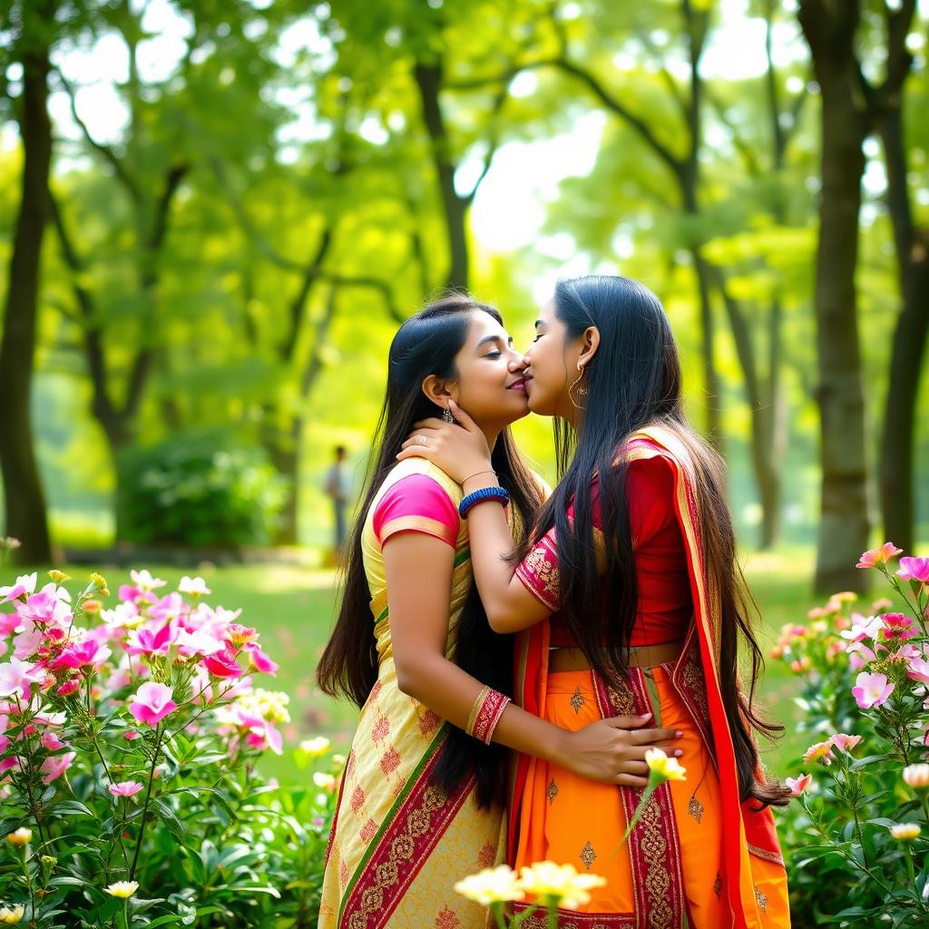 A tender romantic moment between two young Indian women sharing a gentle kiss in a lush green park