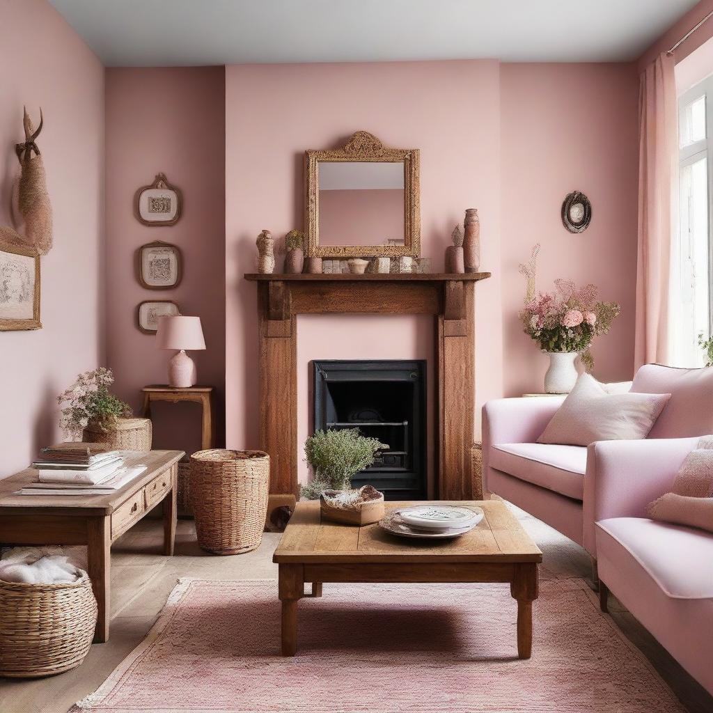 A cosy living room painted in a soft pink shade, adorned with polished wooden furniture adding a rustic charm