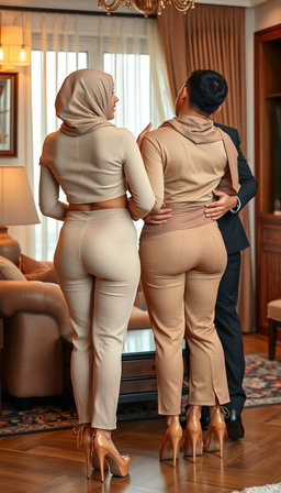 A mesmerizing scene featuring two 30-year-old secretaries wearing stylish hijabs and fitted beige outfits that complement their figures