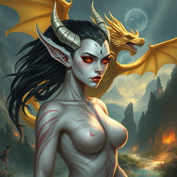 A sexy D&D fantasy setting featuring a stunning white female tiefling with dark hair and striking flaming eyes, showcasing an alluring and powerful stance