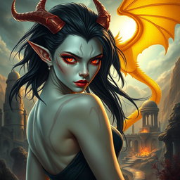 A sexy D&D fantasy setting featuring a stunning white female tiefling with dark hair and striking flaming eyes, showcasing an alluring and powerful stance