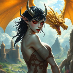 A sexy D&D fantasy setting featuring a stunning white female tiefling with dark hair and striking flaming eyes, showcasing an alluring and powerful stance