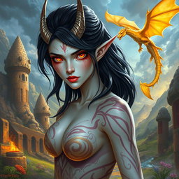 A sexy D&D fantasy setting featuring a stunning white female tiefling with dark hair and striking flaming eyes, showcasing an alluring and powerful stance