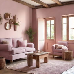 A cosy living room painted in a soft pink shade, adorned with polished wooden furniture adding a rustic charm