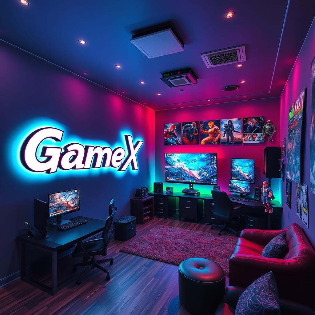 A vibrant gaming room designed for an immersive gaming experience, with modern gaming setups and a cozy atmosphere