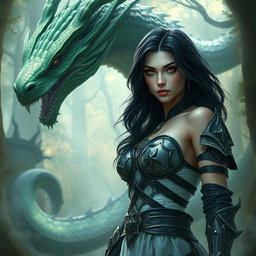 A sexy Dungeons & Dragons fantasy scene featuring a white female halforc with striking dark hair and captivating bad eyes