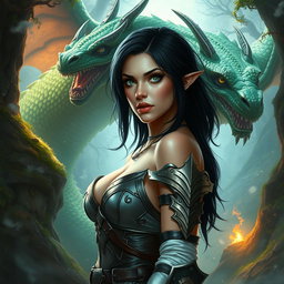 A sexy Dungeons & Dragons fantasy scene featuring a white female halforc with striking dark hair and captivating bad eyes