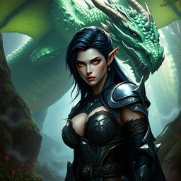 A sexy Dungeons & Dragons fantasy scene featuring a white female halforc with striking dark hair and captivating bad eyes