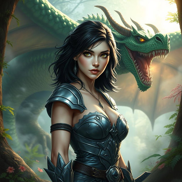 A sexy Dungeons & Dragons fantasy scene featuring a white female halforc with striking dark hair and captivating bad eyes