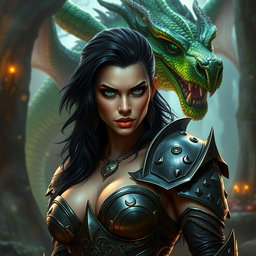 A sexy female half-orc with dark hair and striking bad eyes, portraying a fierce yet alluring demeanor