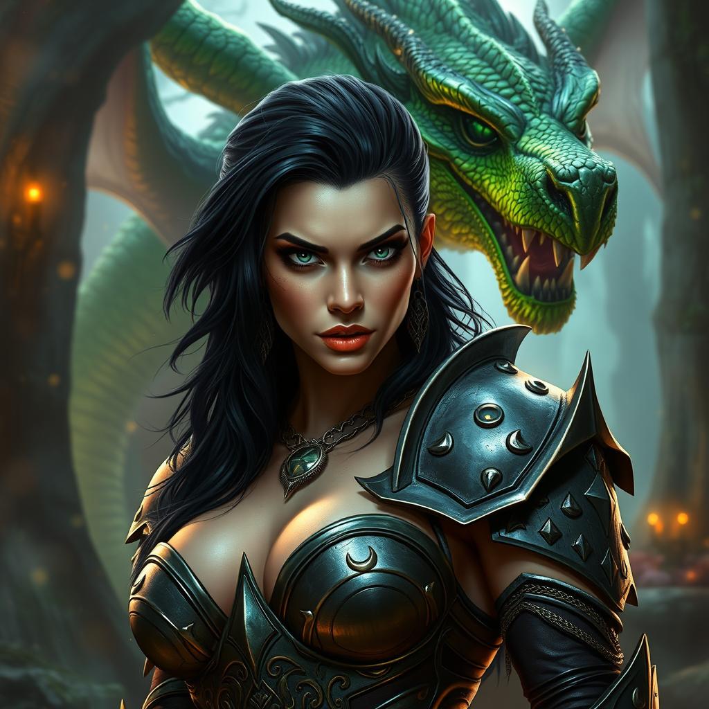 A sexy female half-orc with dark hair and striking bad eyes, portraying a fierce yet alluring demeanor