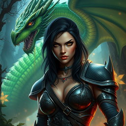 A sexy female half-orc with dark hair and striking bad eyes, portraying a fierce yet alluring demeanor