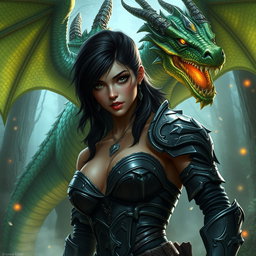 A sexy female half-orc with dark hair and striking bad eyes, portraying a fierce yet alluring demeanor