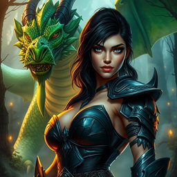 A sexy female half-orc with dark hair and striking bad eyes, portraying a fierce yet alluring demeanor