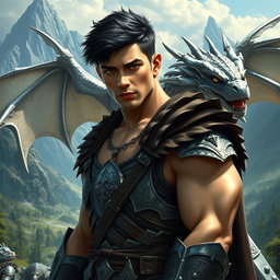 A sexy, muscular Caucasian dwarf with dark hair and a rugged appearance, featuring intense bad boy eyes, stands confidently in a fantasy Dungeons & Dragons setting