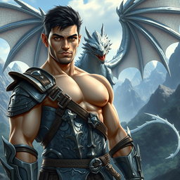 A sexy, muscular Caucasian dwarf with dark hair and a rugged appearance, featuring intense bad boy eyes, stands confidently in a fantasy Dungeons & Dragons setting