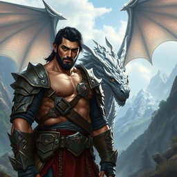 A sexy, muscular Caucasian dwarf with dark hair and a rugged appearance, featuring intense bad boy eyes, stands confidently in a fantasy Dungeons & Dragons setting