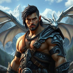 A sexy, muscular Caucasian dwarf with dark hair and a rugged appearance, featuring intense bad boy eyes, stands confidently in a fantasy Dungeons & Dragons setting