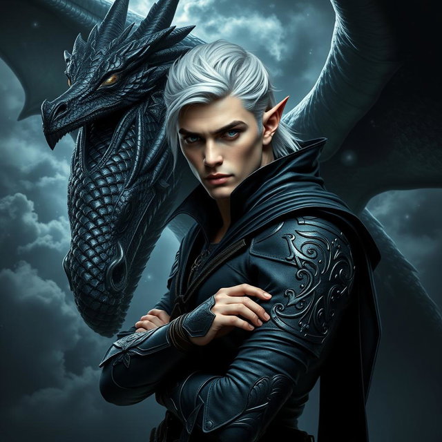 A striking fantasy scene featuring a sexy white male elf assassin with dark hair and captivating, intent eyes