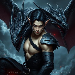 A striking fantasy scene featuring a sexy white male elf assassin with dark hair and captivating, intent eyes