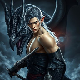 A striking fantasy scene featuring a sexy white male elf assassin with dark hair and captivating, intent eyes