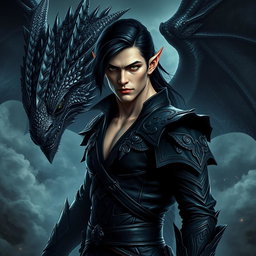 A striking fantasy scene featuring a sexy white male elf assassin with dark hair and captivating, intent eyes