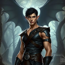 A sexy Dungeons & Dragons fantasy scene featuring a male elf assassin with dark hair and piercing eyes