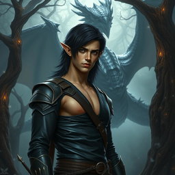 A sexy Dungeons & Dragons fantasy scene featuring a male elf assassin with dark hair and piercing eyes