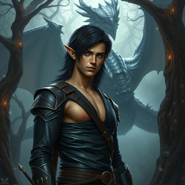 A sexy Dungeons & Dragons fantasy scene featuring a male elf assassin with dark hair and piercing eyes