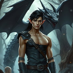 A sexy Dungeons & Dragons fantasy scene featuring a male elf assassin with dark hair and piercing eyes