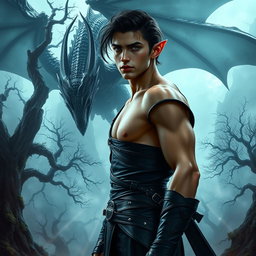 A sexy Dungeons & Dragons fantasy scene featuring a male elf assassin with dark hair and piercing eyes