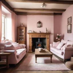 A cosy living room painted in a soft pink shade, adorned with polished wooden furniture adding a rustic charm