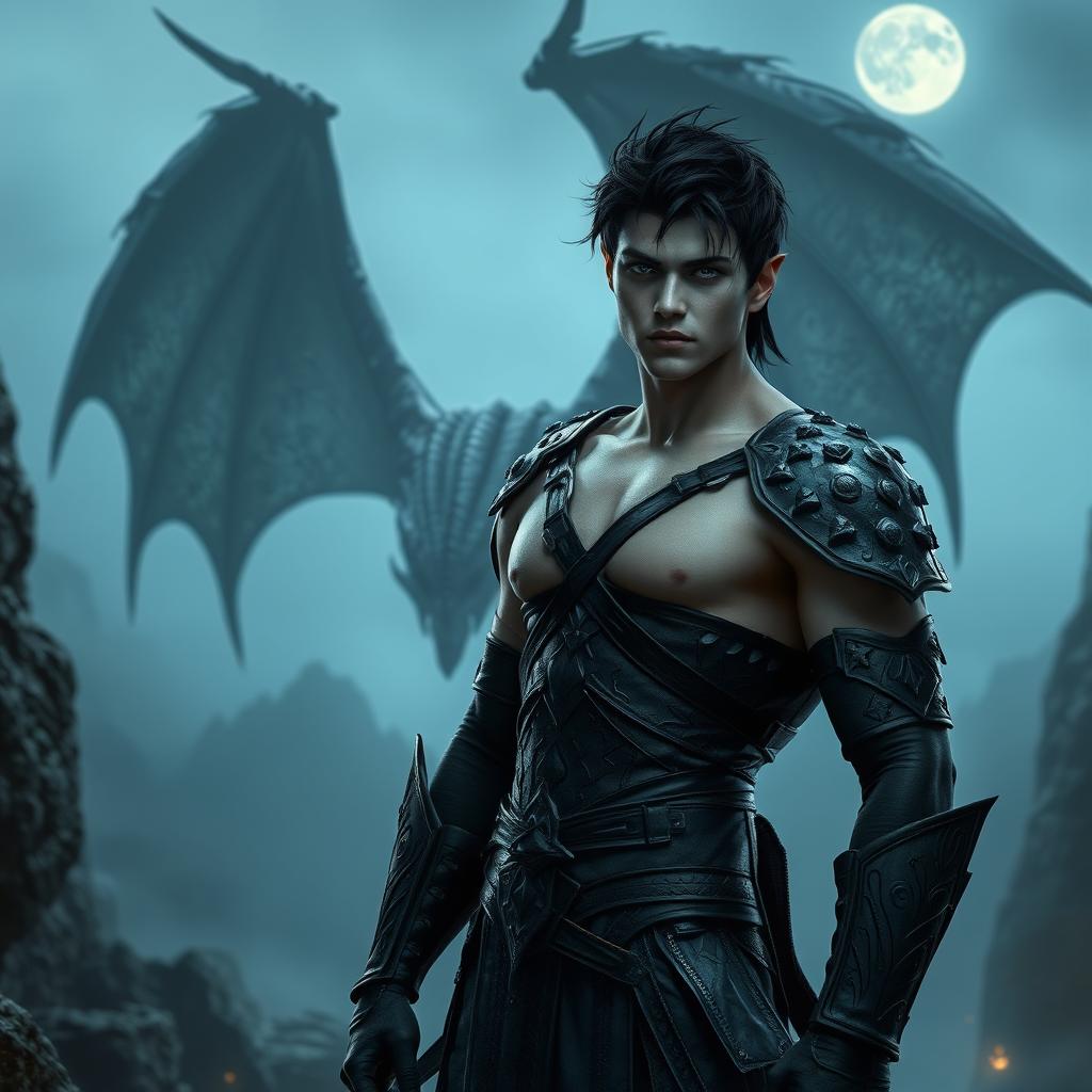 A sexy fantasy scene featuring a white male elf assassin with dark hair and striking bad eyes, dressed in intricate dark leather armor
