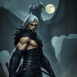 A sexy fantasy scene featuring a white male elf assassin with dark hair and striking bad eyes, dressed in intricate dark leather armor