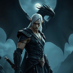 A sexy fantasy scene featuring a white male elf assassin with dark hair and striking bad eyes, dressed in intricate dark leather armor