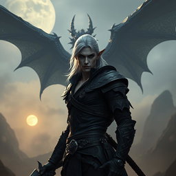 A sexy fantasy scene featuring a white male elf assassin with dark hair and striking bad eyes, dressed in intricate dark leather armor