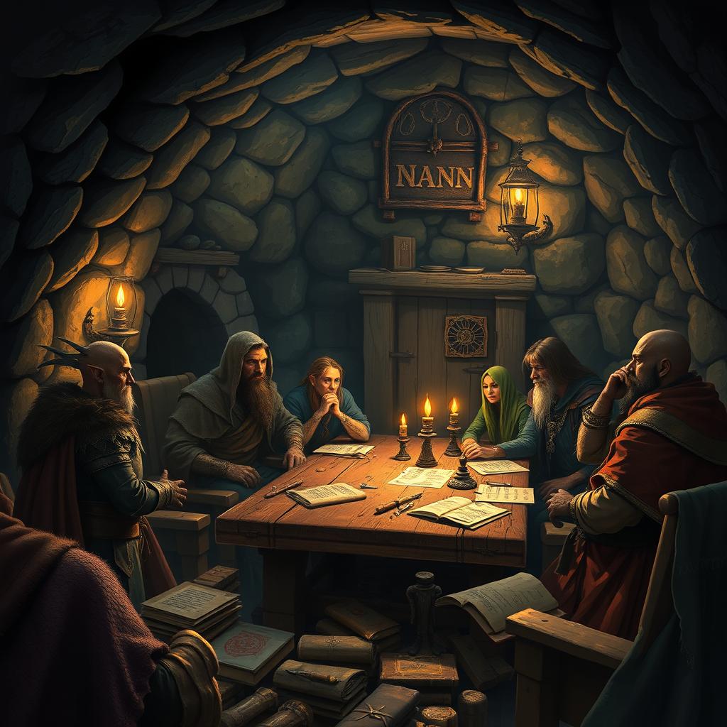 A mysterious dungeon located beneath an old, rustic inn, dimly lit with flickering torches casting shadows on the stone walls