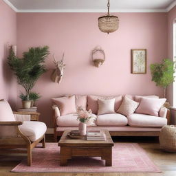 A cosy living room painted in a soft pink shade, adorned with polished wooden furniture adding a rustic charm