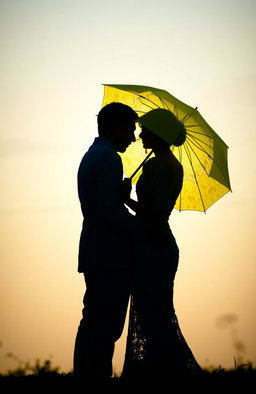 A romantic scene featuring a couple with their backs to each other, creating striking silhouettes against a softly lit background