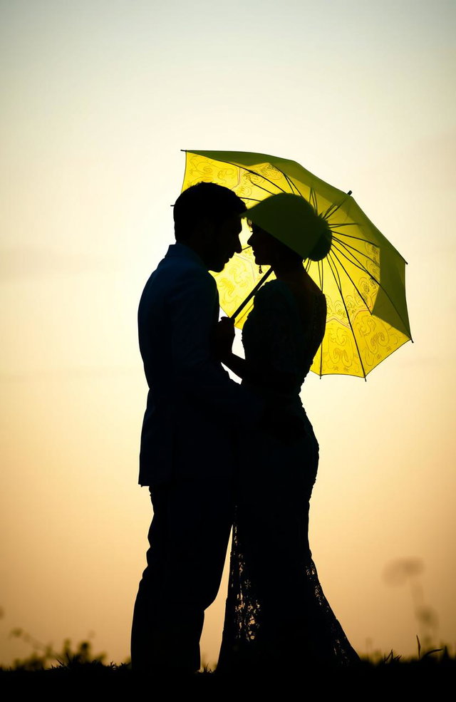A romantic scene featuring a couple with their backs to each other, creating striking silhouettes against a softly lit background
