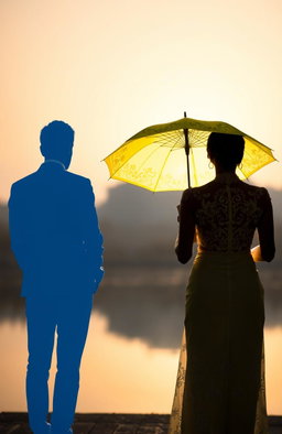 A romantic scene featuring a couple with their backs to each other, creating striking silhouettes against a softly lit background