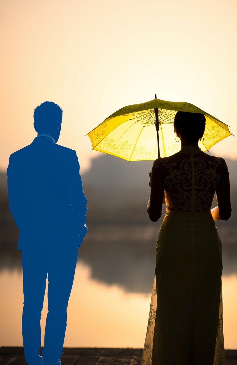 A romantic scene featuring a couple with their backs to each other, creating striking silhouettes against a softly lit background