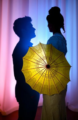 A romantic scene featuring a couple with their backs to each other, creating striking silhouettes against a softly lit background